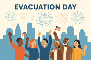 Diverse group of people celebrating evacuation day with fireworks and american flags