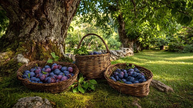 Plum harvest in a serene orchard surrounded by lush greenery and sunlight filtering through the trees, creating a calm and peaceful atmosphere for picking