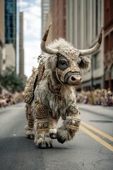 Colorful parade with a majestic adorned bull in the heart of a bustling city street during a vibrant festival celebration under a bright sky
