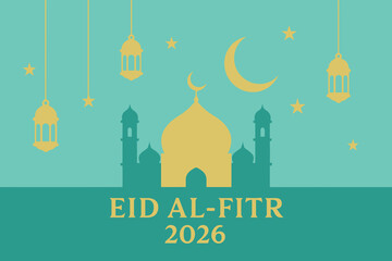Festive eid al fitr celebration with mosque and crescent moon