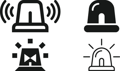 Four black siren icons depicting emergency warning signals and alerts on transparent background