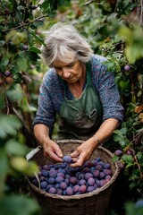 Elderly woman harvesting plums in a lush orchard during a sunny afternoon, surrounded by vibrant green leaves and ripe fruits ready for gathering