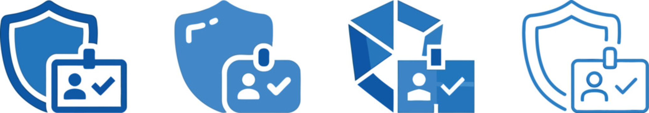 Four blue security and identification icons depicting badges locks and protection on transparent background