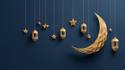 Golden crescent moon and stars hanging against a dark blue background with lanterns Islamic Ramadan