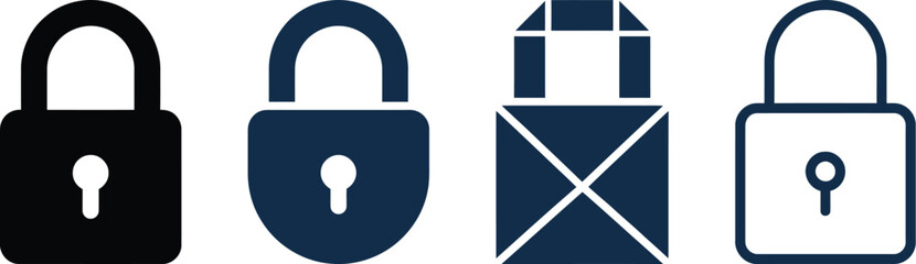 Four distinct padlock icons in varying styles including open and closed presented on transparent background