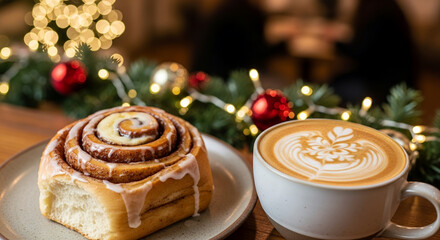 Cinnamon roll with latte coffee and festive decorations on table