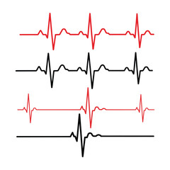 Three electrocardiogram lines in red and black isolated on white background