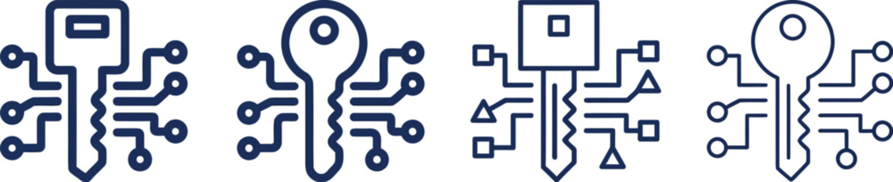 Four blue circuit key icons in various styles representing digital security on transparent background