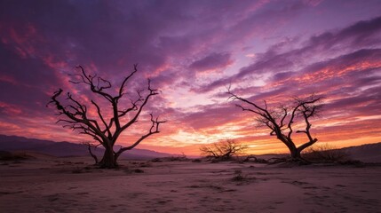 Obraz premium Sunset in a desert with dead trees in the foreground