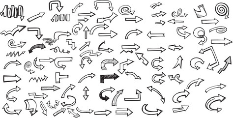 Hand-Drawn Arrow Doodles Set – Sketch Arrows, Curved, Bold, Spiral & Direction Icons
