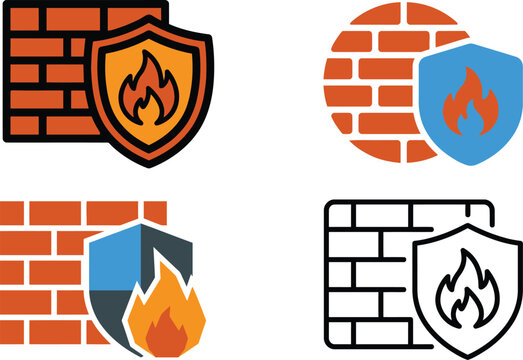 Four vibrant firewall and brick wall icons in various styles offering security representations on transparent background