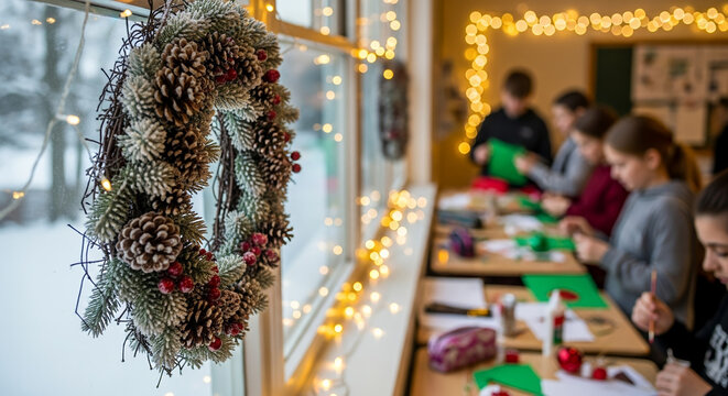 Children crafting holiday decorations at a table with festive lights  