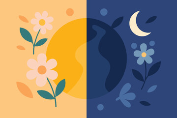 Split image showing day and night with flowers and moon