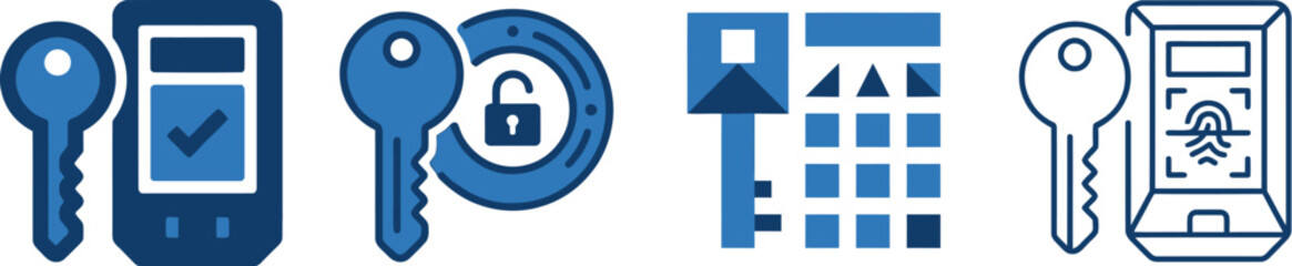 A collection of security and access icons including keys mobile and biometric options on transparent background