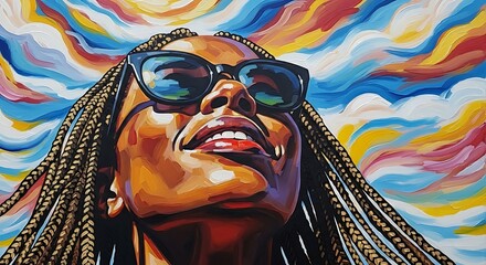 Vibrant portrait of a woman with braids and sunglasses looking up