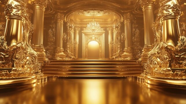 Majestic golden hallway with ornate pillars and a radiant light source - Powered by Adobe