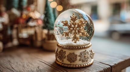 Decorative glass globe containing a glittering golden snowflake rests on weathered wooden surface
