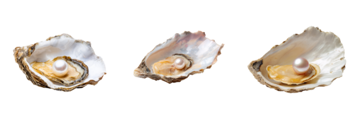 Oysters with pearls in open shells on transparent background nature photography close-up