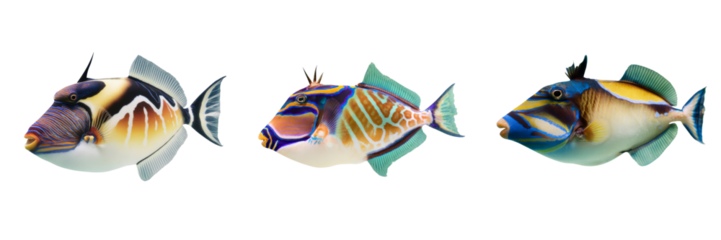 Colorful fish trio display ocean environment transparent background vibrant underwater view