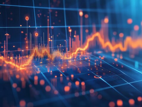 Abstract digital data visualization with glowing orange and blue lines and bokeh effects - Powered by Adobe