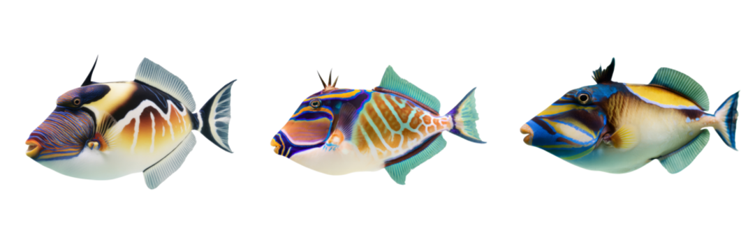 Colorful fish trio display ocean environment transparent background vibrant underwater view