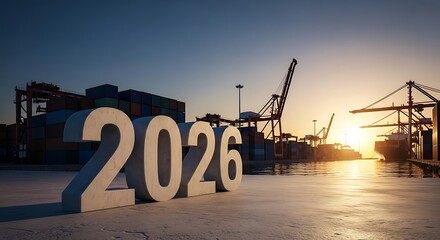 Large 3d numbers spelling out the year 2026 stand in a modern industrial port at sunrise with cranes in the background