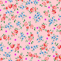 Charming floral pattern with red, blue, and pink blossoms, perfect for spring designs and vibrant textiles creating a sweet, romantic vibe
