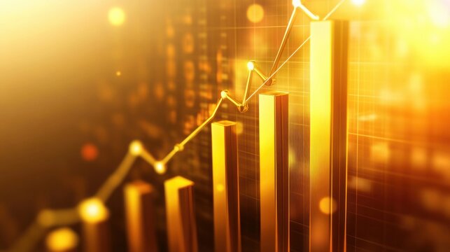 Golden financial chart with upward trend and blurred bokeh lights