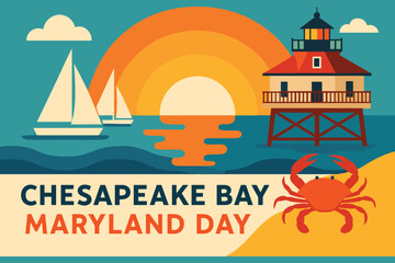 Chesapeake bay maryland day celebration with lighthouse sailboats and crab