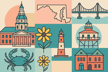Maryland state icons collage featuring landmarks and symbols