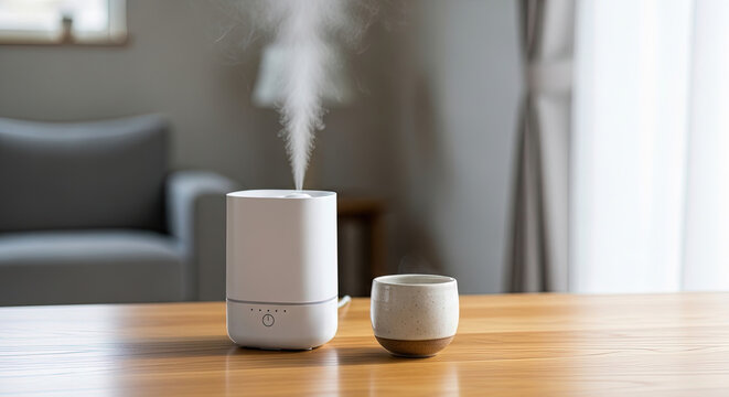 Minimalist white essential oil diffuser releasing steam next to small ceramic cup on light wooden table home interior