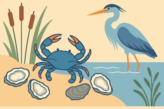 Blue crab and heron by the water with oysters and reeds