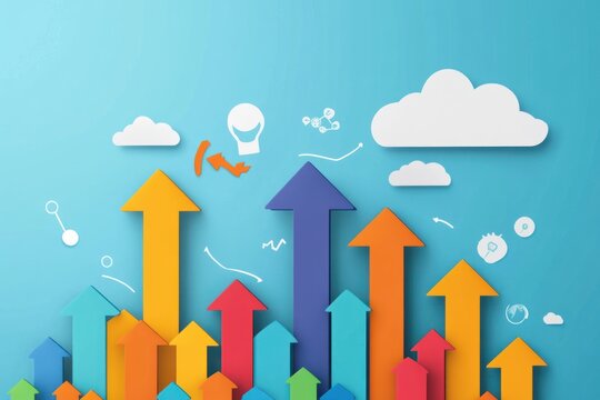 Colorful upward arrows symbolizing growth progress and success on a blue background - Powered by Adobe