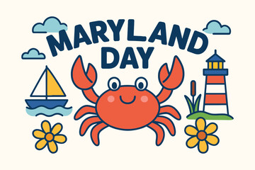 Cute maryland day illustration with crab sailboat and lighthouse