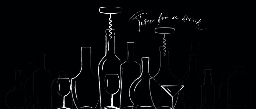 Alcohol menu banner, set of bottles and glasses, hand-drawn line art on a black background, white marker line art, chalk. Wine list, bar poster, sommelier, party concept, nightclub, red wine, cognac