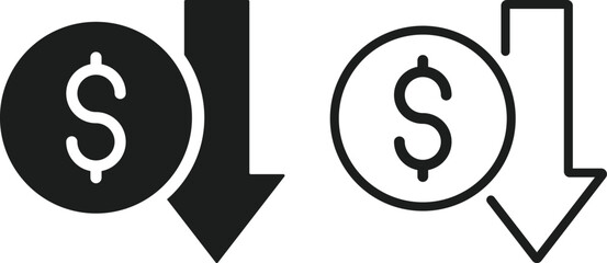 Dollar Decrease Icon Set. Financial Loss and Value Decline Symbols. Negative Metric and Value Depreciation. Down Arrow Money Symbol and Negative Financial Trend Collection