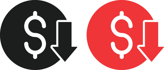 Dollar Decrease Icon Set. Financial Loss and Value Decline Symbols. Negative Metric and Value Depreciation. Down Arrow Money Symbol and Negative Financial Trend Collection