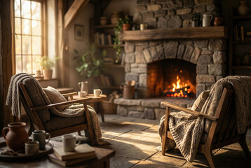 Cozy Living Room with Knit Throws and Warm Firelight Creating an Inviting Atmosphere