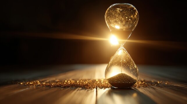 Golden sand flows through an hourglass with a bright light.