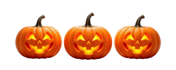 Halloween celebration three bright orange pumpkins studio image showcase festive atmosphere front view fun concept