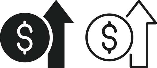 Dollar Increase Icon Set. Financial Growth and Profit Symbols. Stock Market Price Rise and Revenue Gain Icons collection. Economic Growth and Business Success Indicator Logos