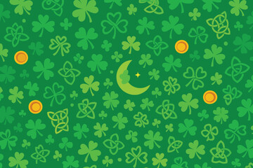 Green st patricks day background with shamrocks and gold coins