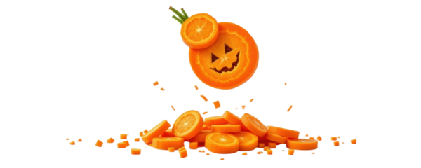 Falling carrot slice with halloween face kitchen food preparation aerial view whimsical concept