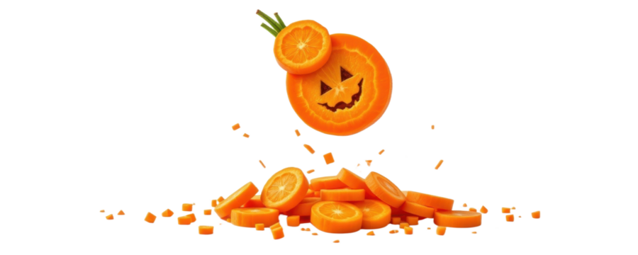 Falling carrot slice with halloween face kitchen food preparation aerial view whimsical concept
