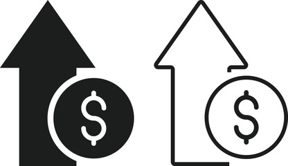 Dollar Increase Icon Set. Financial Growth and Profit Symbols. Stock Market Price Rise and Revenue Gain Icons collection. Economic Growth and Business Success Indicator Logos