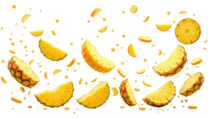 Falling pineapple slices in mid-air kitchen studio food photography bright and fresh environment dynamic perspective