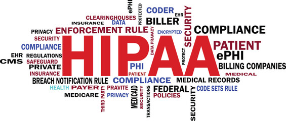 HIPAA, health insurance portability and accountability act word cloud, illustrating key terms like privacy, security, compliance, patient data, medical records, and federal regulations.