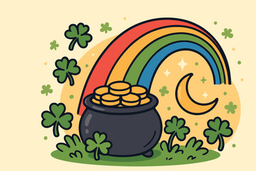 Pot of gold at the end of a rainbow with shamrocks and crescent moon