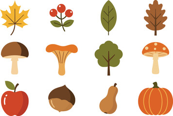 Autumn harvest icons set with leaves and food