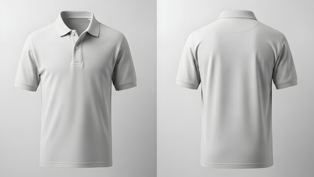teen polo shirt mockup, front and back layout side by side, clean modern studio background, 8K resolution, detailed cotton pique texture and button placket